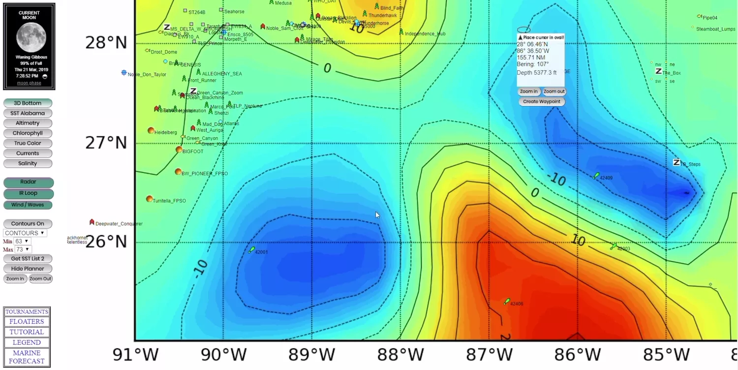 altimetry data for fishing shown on satellite map