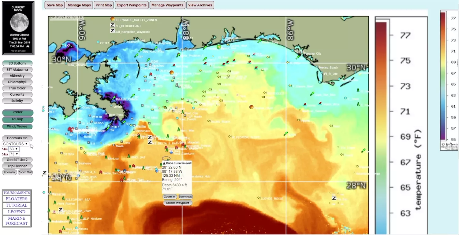 SST chart showing sea surface temperature in the Gulf of Mexico with current edge and warm core eddy