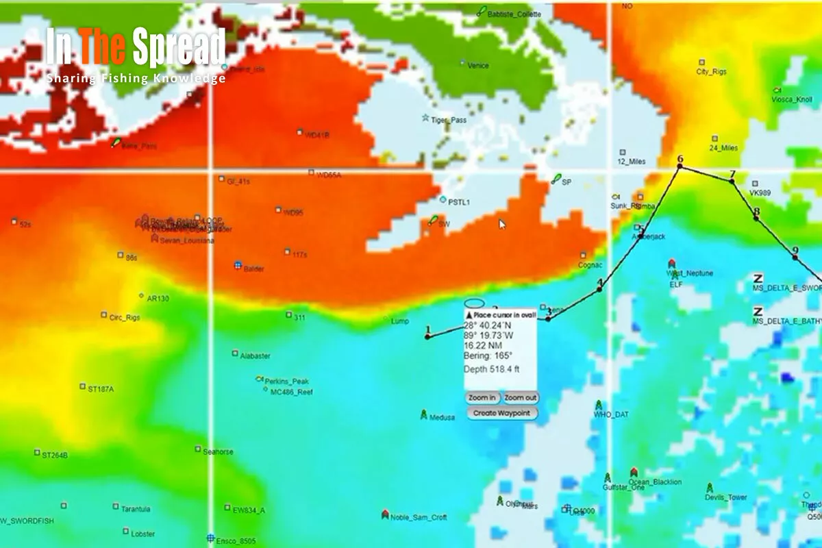 Hilton's Realtime Navigator sea surface temperature and chlorophyll satellite chart for offshore fishing