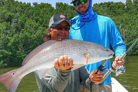 Oversized redfish held horizontally showing the heavy build of a mature fish