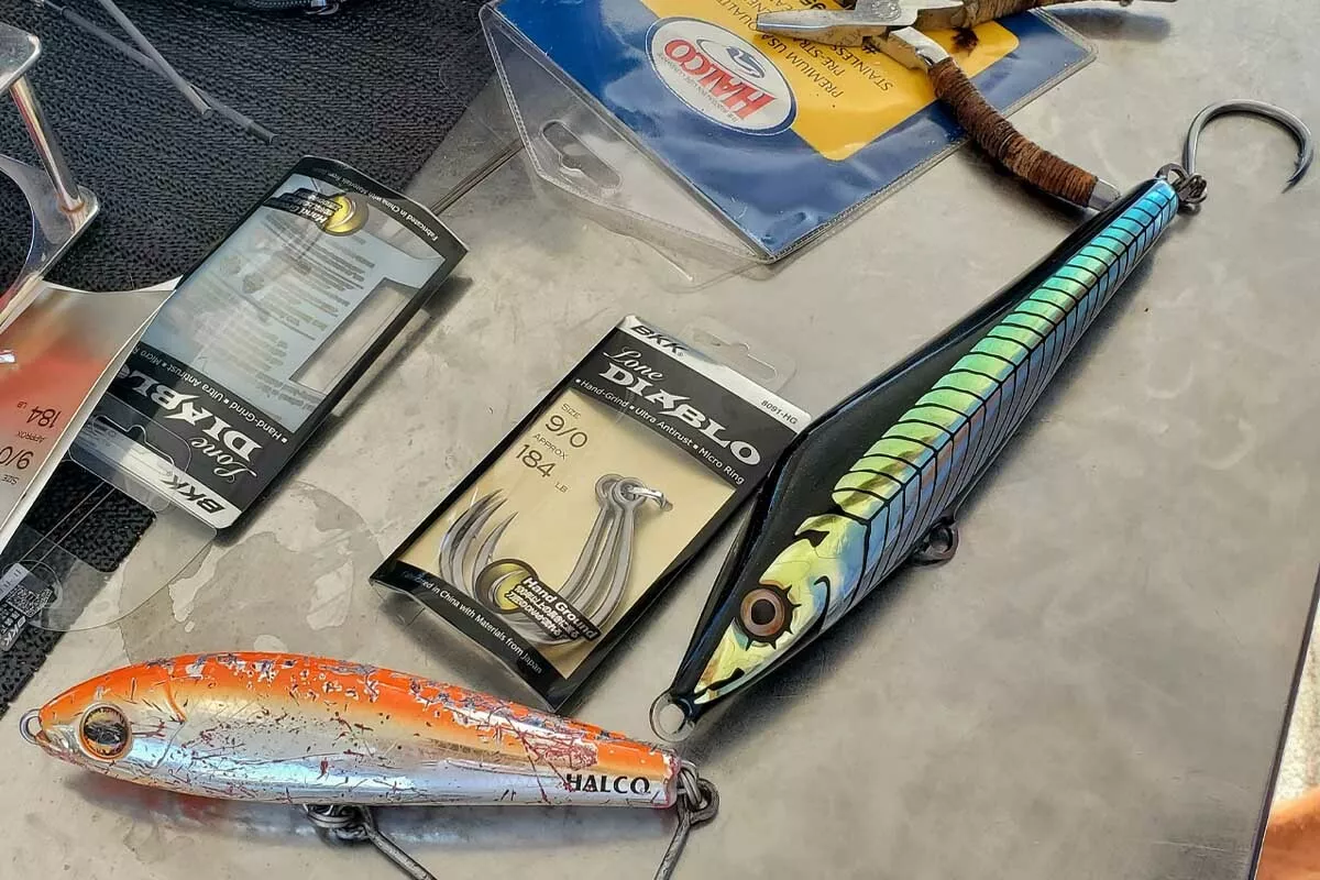 stickbaits being rigged with bkk hooks
