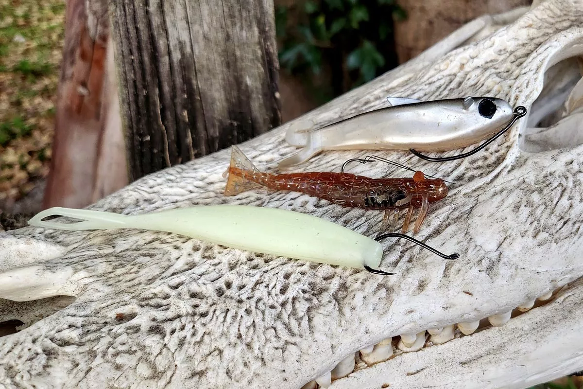 seatrout lures on a gator skull from DOA 