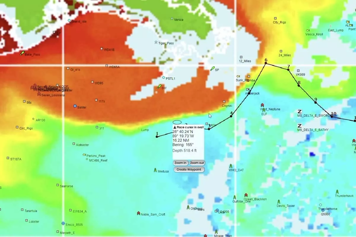 chlorophyll chart showing area to fish offshore