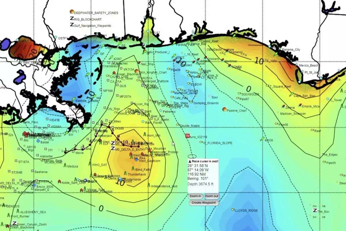 altimetry fishing chart indicating upwelling