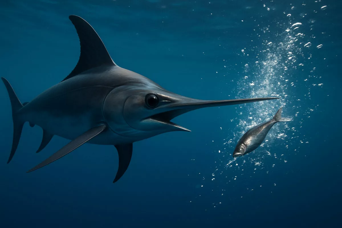 big sowrdfish attacking a baitfish