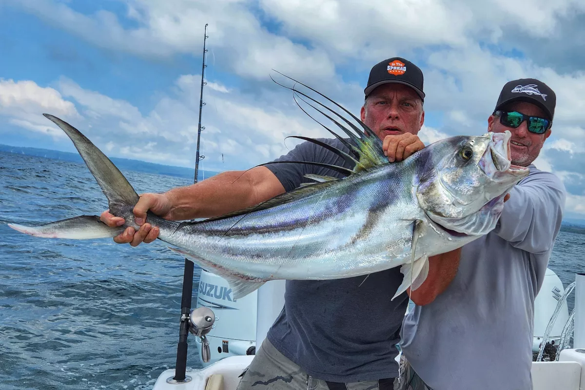 Seth Horne catches big roosterfish caught on a popper in Costa Rica with Mike Hennessy