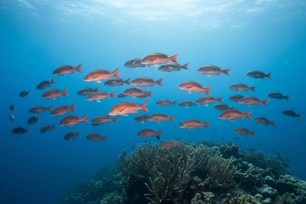 school of red snapper swimming mid-water column