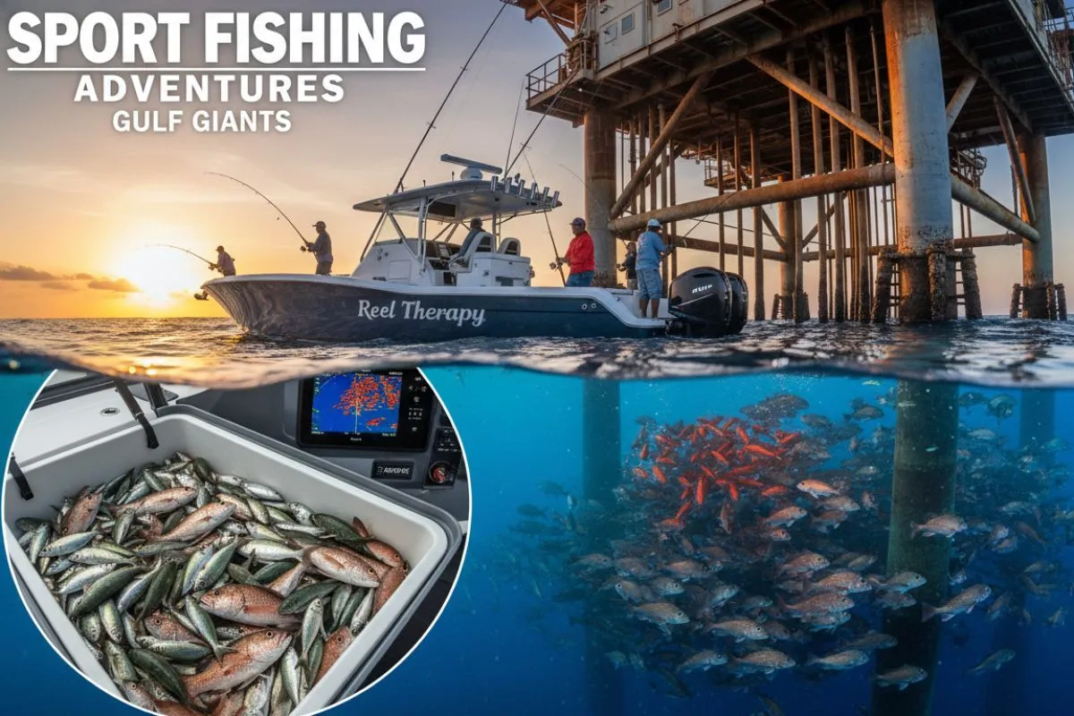 calm blue Gulf of Mexico, sunrise glow, sport fishing boat beside oil rig structure fishing for red snapper