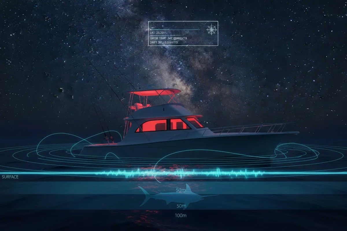 Sportfisher drifting at night under stars