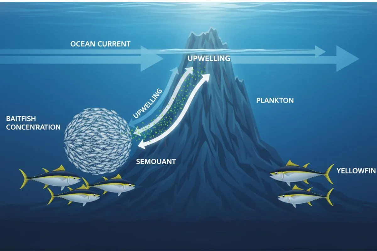 diagram illustrating current hitting a seamount and forming an upwelling