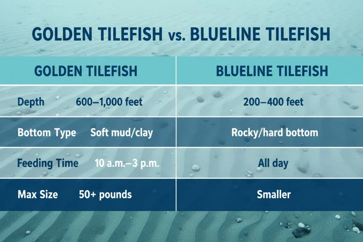 comparison table infographic titled Golden Tilefish vs Blueline Tilefish