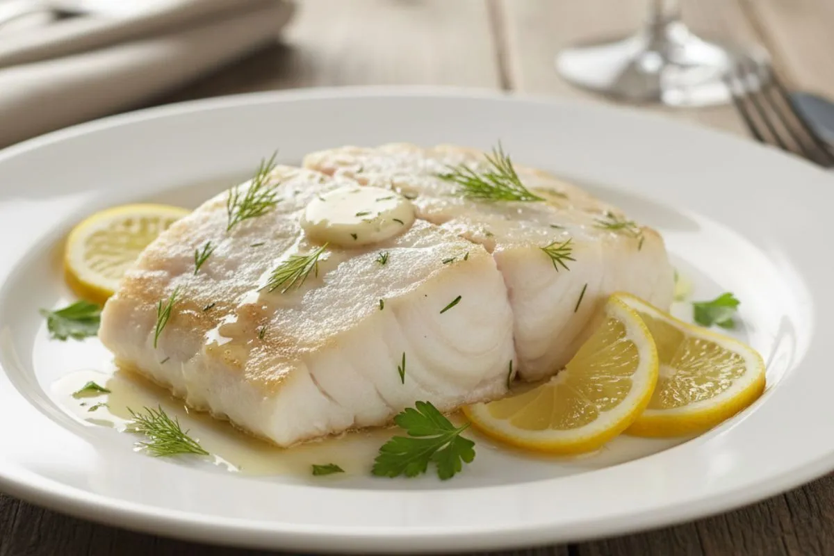 Restaurant-style plated golden tilefish fillet