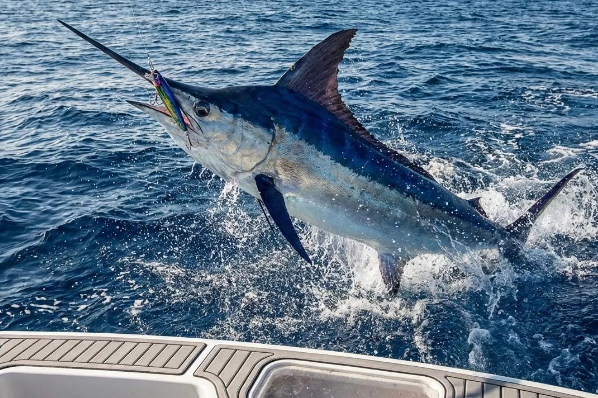 blue marlin exploding from deep blue water