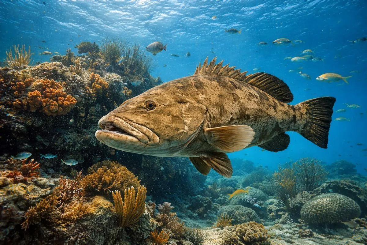 Underwater shot showing grouper near reef structure