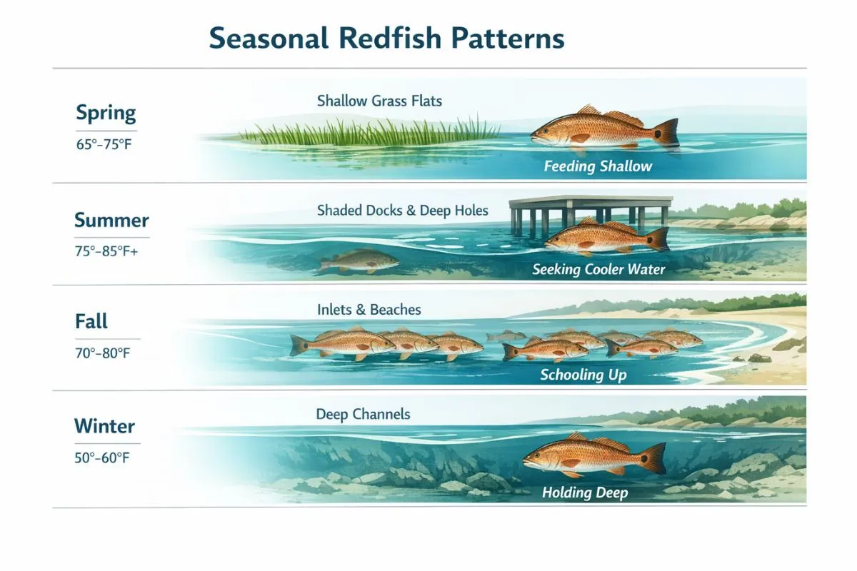 seasonal redfish behavior patterns diagram