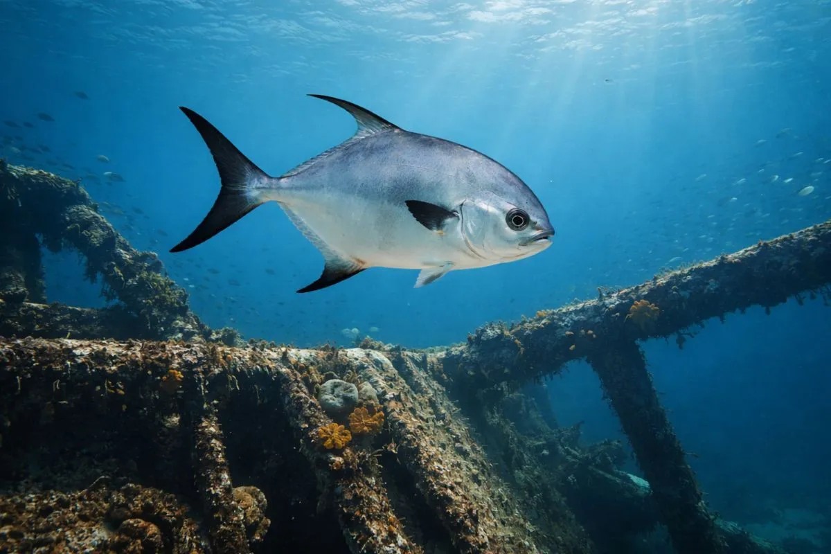 permit swimming near offshore wreck structure in 40–60 feet of clear blue water