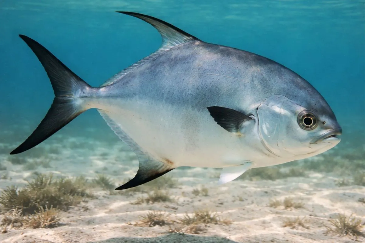 permit (Trachinotus falcatus) swimming over sandy bottom