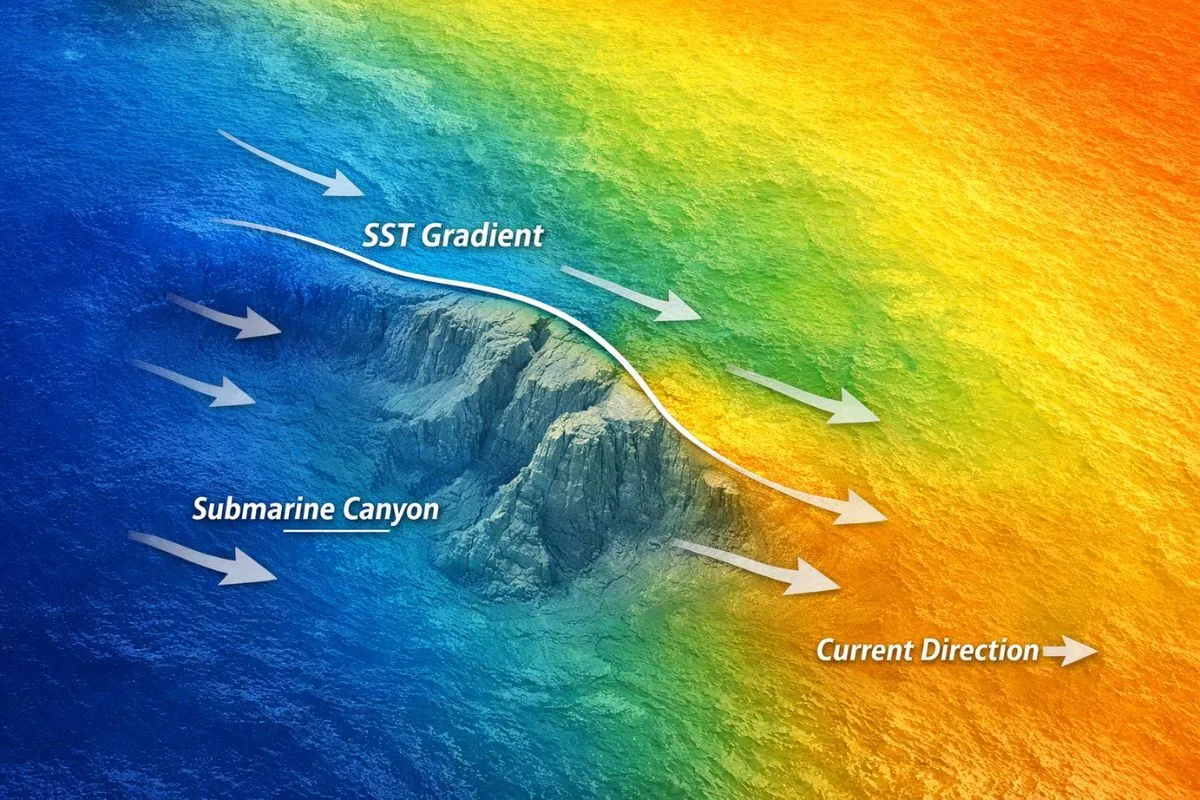oceanographic map with SST gradient and canyon