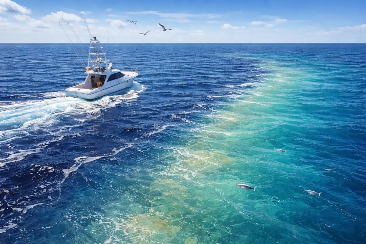sportfishing yacht on offshore rip showing color change edge