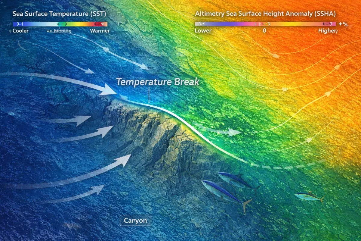 Satellite SST map showing a temperature break, canyon structure, bait zone, and yellowfin tuna