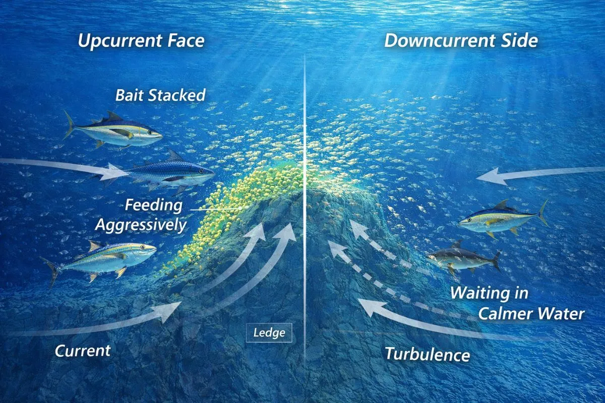 fish interaction around underwater ledge with upwelling