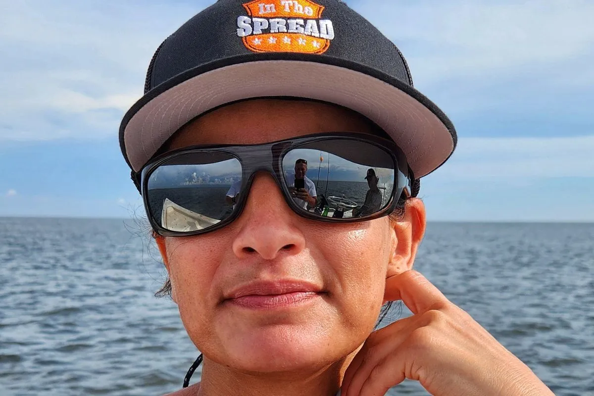 Close-up of a quality polarized lens showing the anti-reflective coating and lens tint