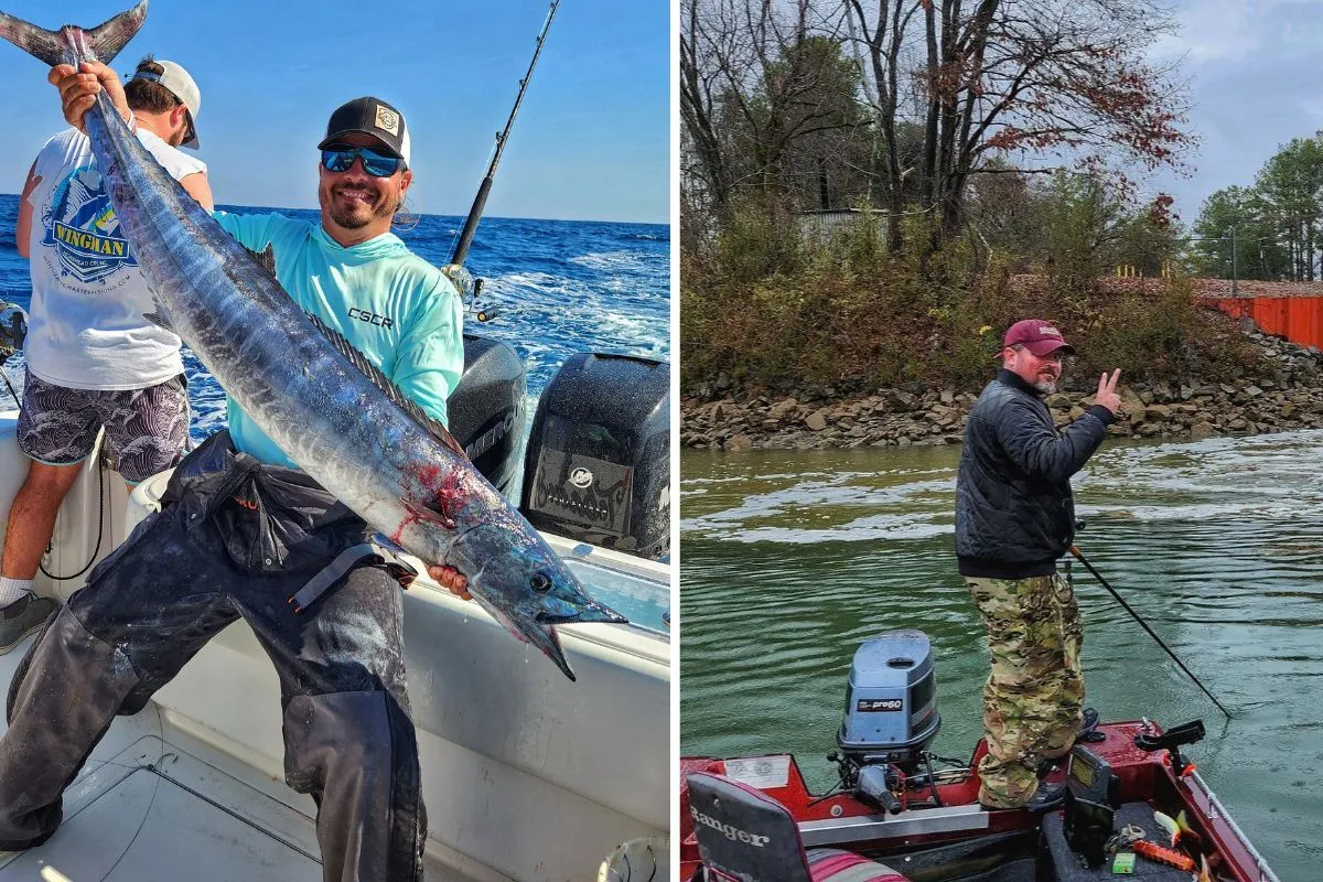 Split image-offshore trolling spread on the left, a muskie angler casting a flats boat on the right