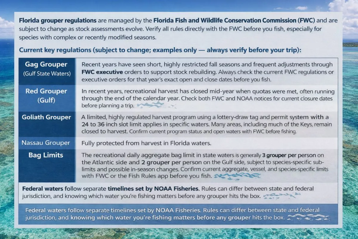 FWC regulation summary graphic showing grouper species, seasons, and bag limits