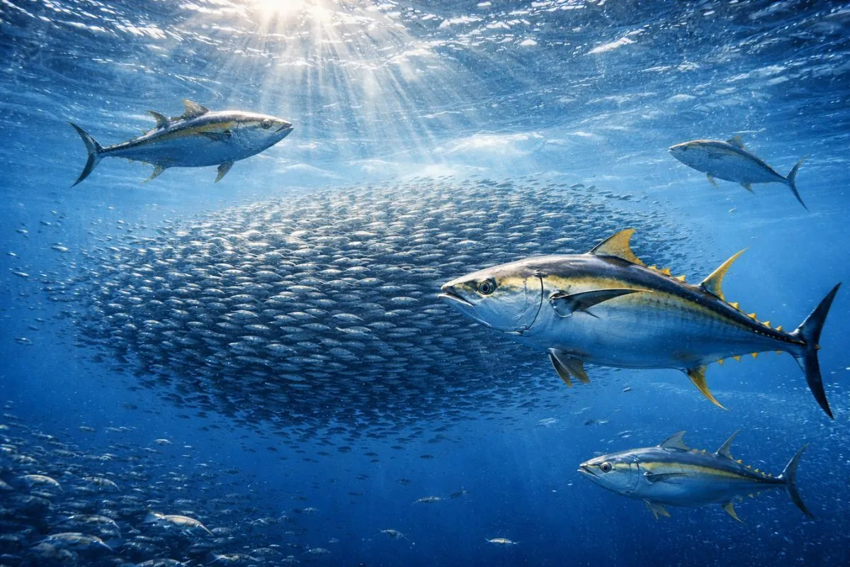 yellowfin tuna within a large bait ball near the surface