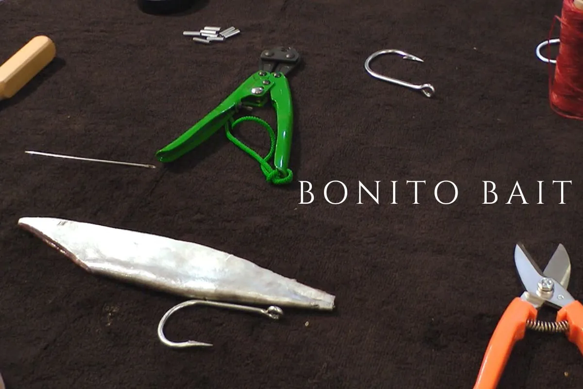 swordfish bonito bait and j hook on rigging table