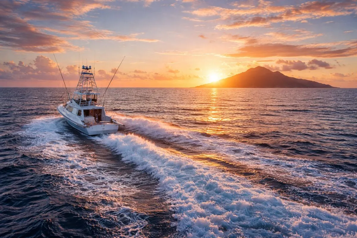 Sport fishing vessel running offshore in blue water at sunrise with island in background
