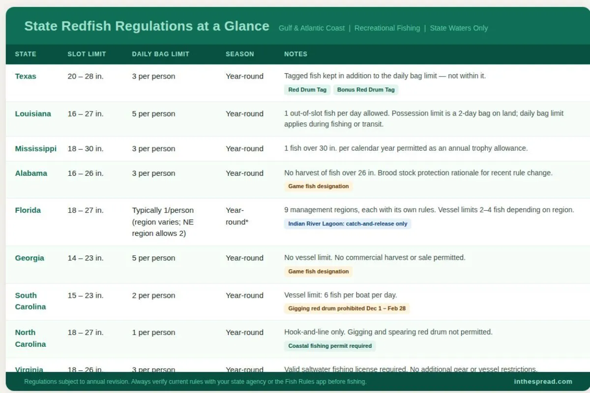 table showing redfish regulations by State