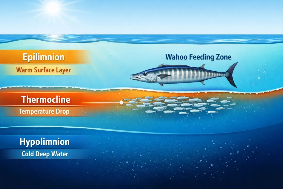 water column stratification diagram showing thermocline position and wahoo feeding zone