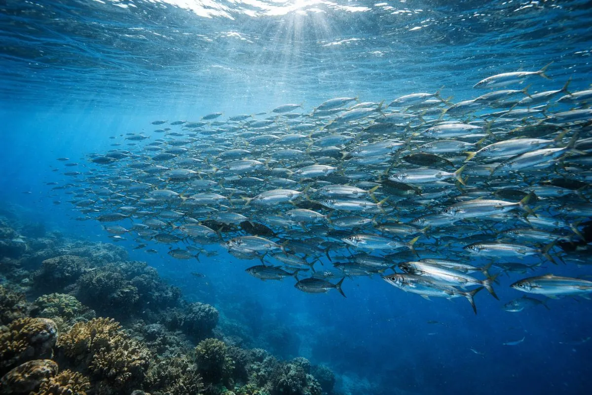 baitfish schooling below the surface near an offshore reef edge in clear blue water