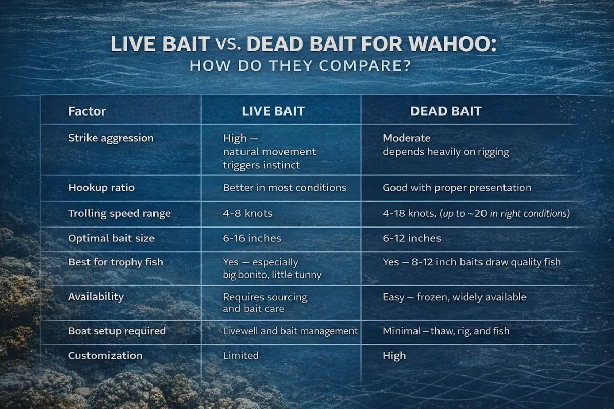 Comparison table showing strengths and tradeoffs of live bait versus dead bait for wahoo fishing
