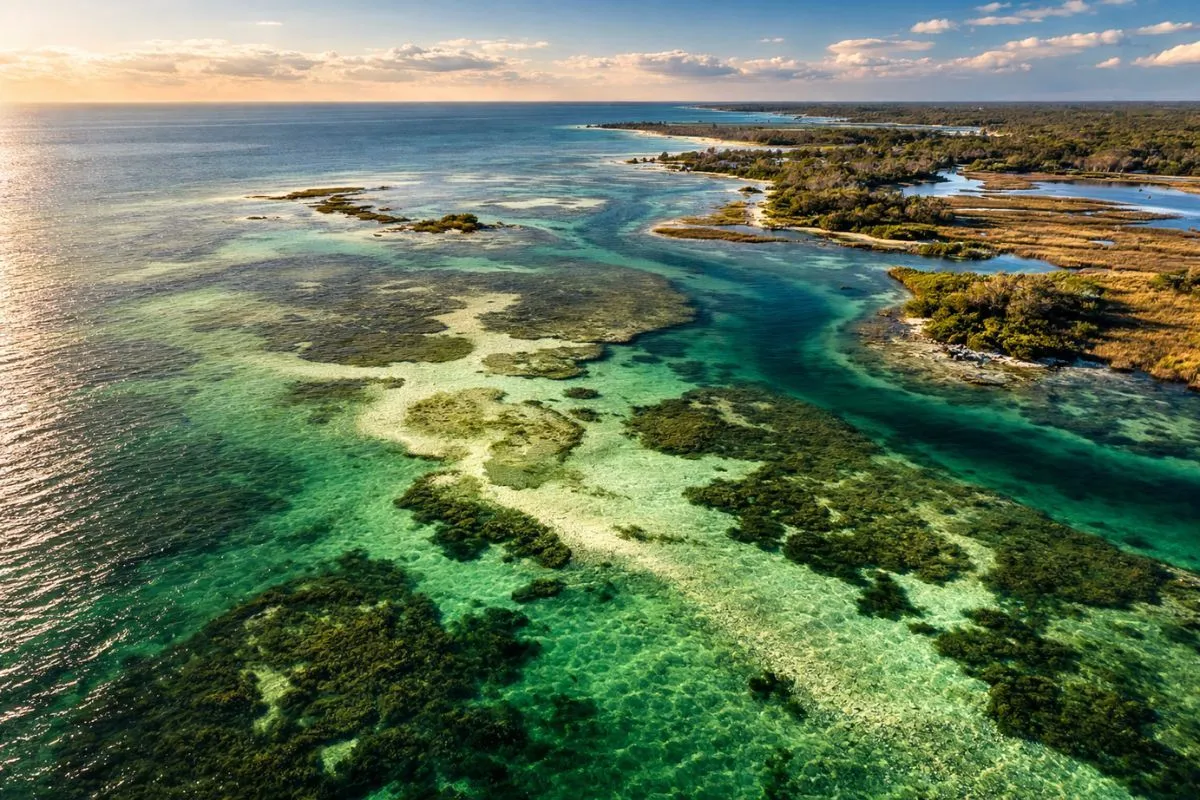 Aerial view of Big Bend limestone flats along the Florida Gulf Coast in winter