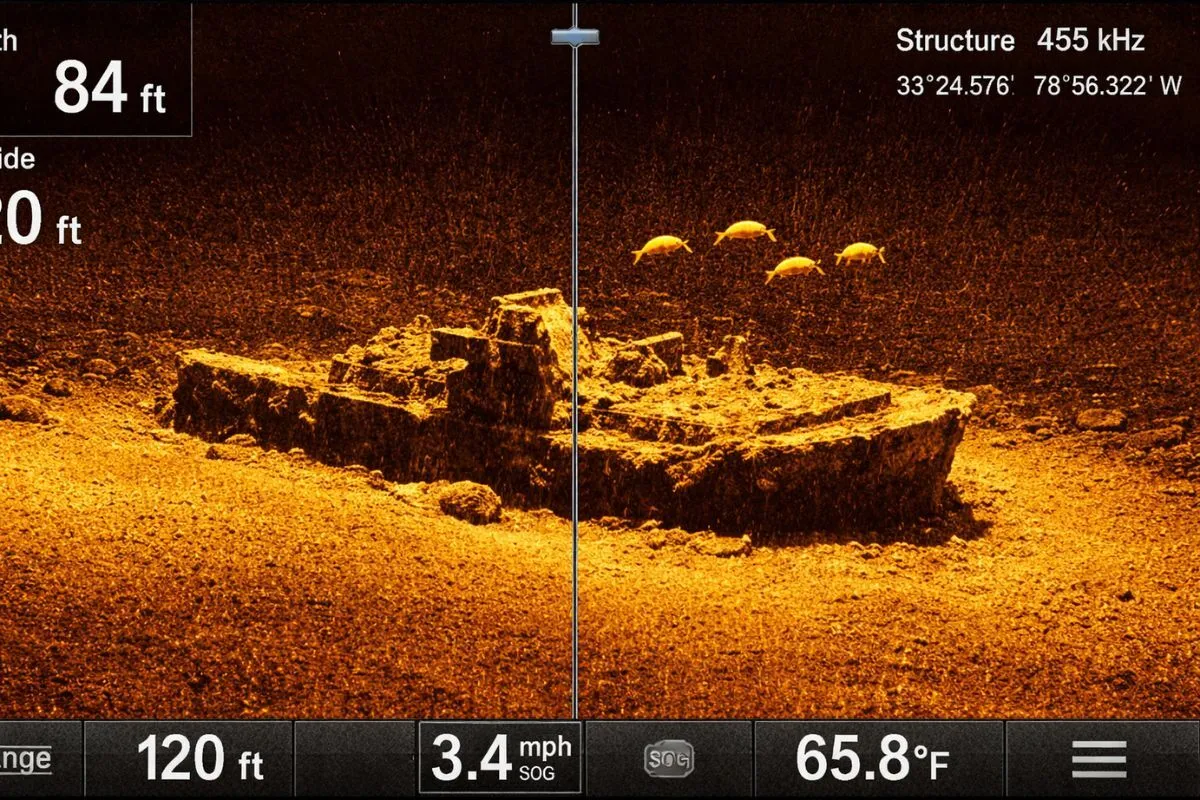 Fish finder screen showing amberjack arches stacked above a deep wreck