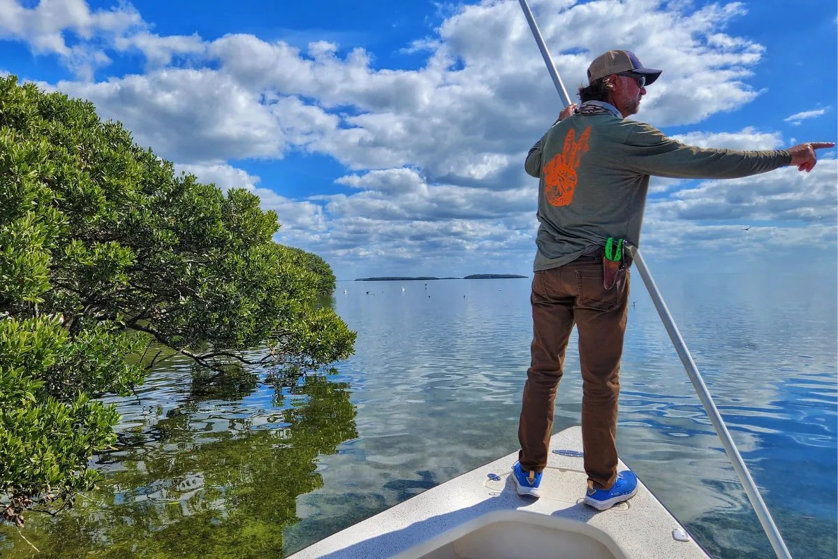 William Toney poling seagrass flats along mangrove shoreline in spring-fed clear water
