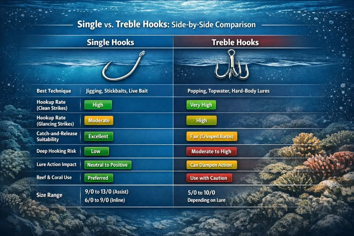 Single vs treble hooks comparison chart for GT fishing showing techniques, hookup rates, and performance differences.