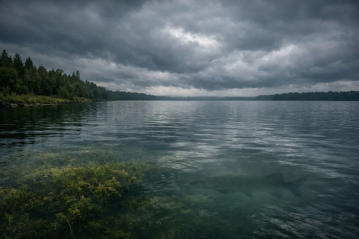 Misty overcast sky over lake with muskellunge silhouette just below surface