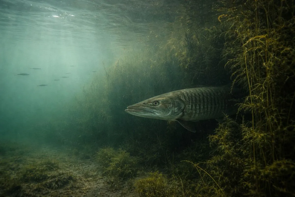 muskellunge holding near submerged weed edge in low-light, greenish water conditions