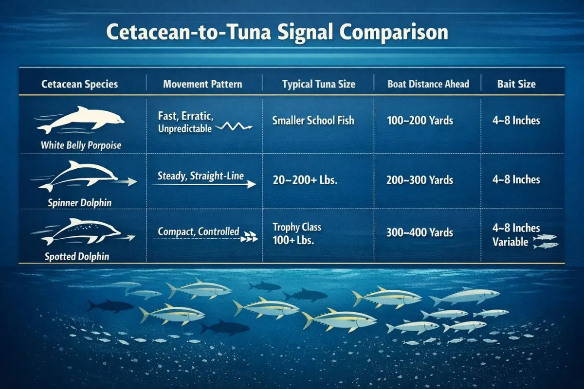 Cetacean species table linked to feeding diagram showing dolphins, tuna, and baitfish interaction and predictive fishing signals