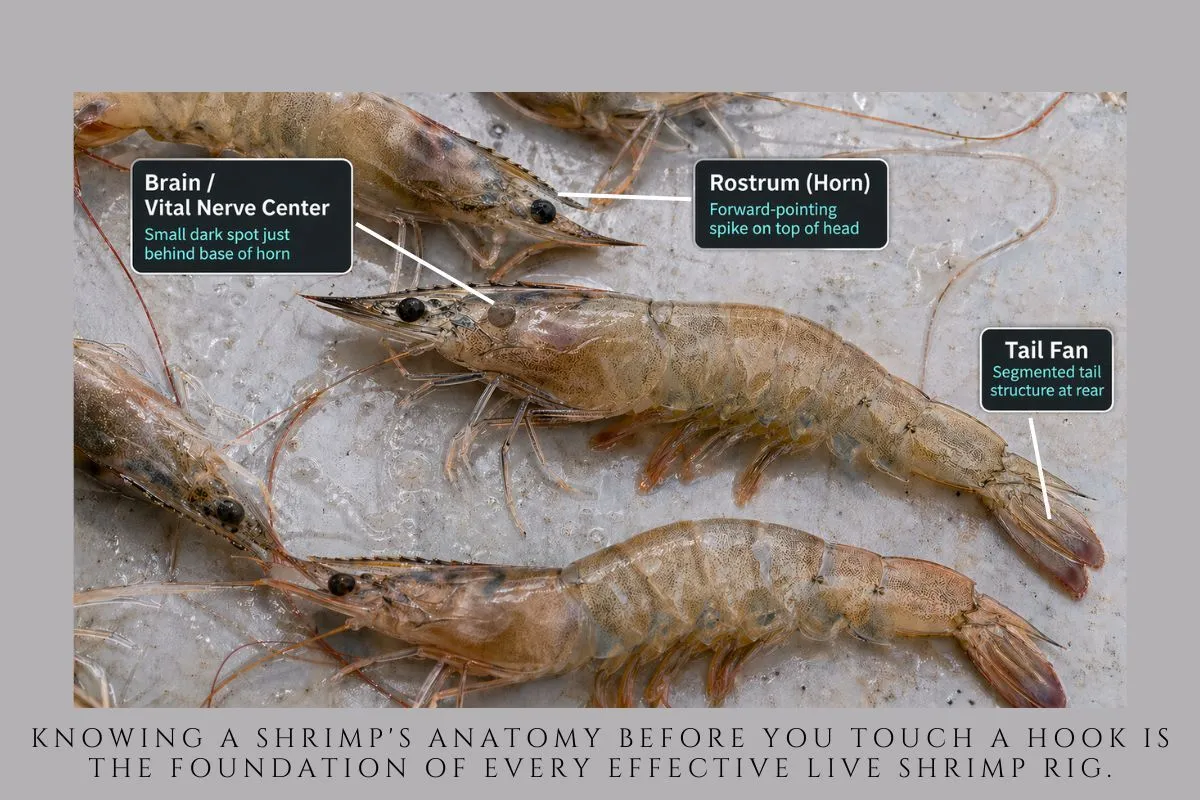 shrimp on wet table with labels showing rostrum, brain behind horn, and segmented tail fan