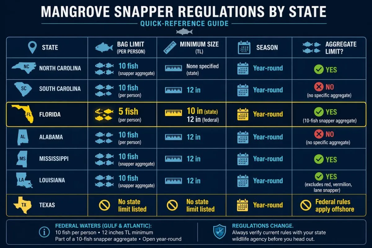 Mangrove snapper regulations by state showing bag limits, size limits, season, and aggregate rules for Southeast U.S. anglers