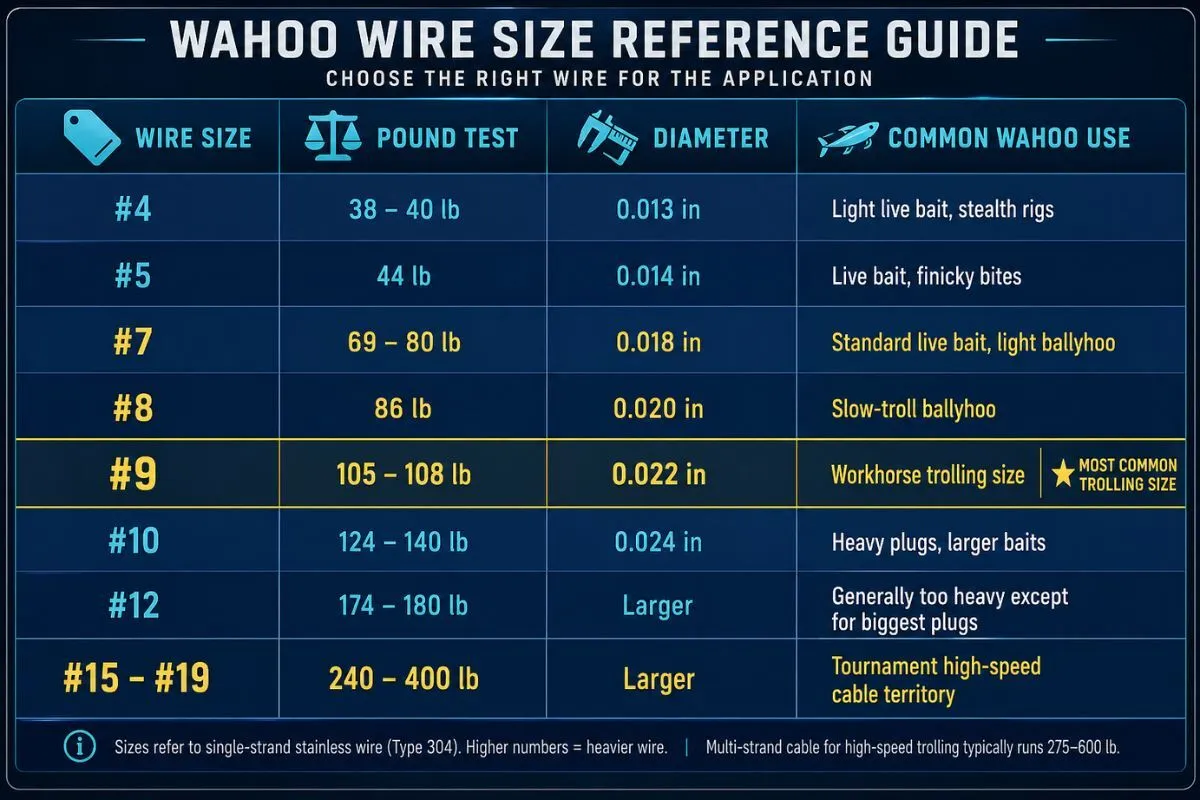 Wahoo wire size chart showing pound test, diameter, and best uses for trolling, live bait