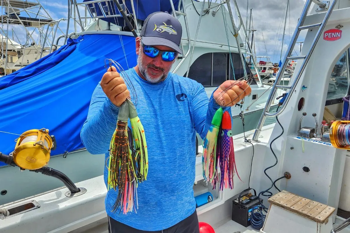 kona captain shawn rotella with his custom wahoo bullet lures