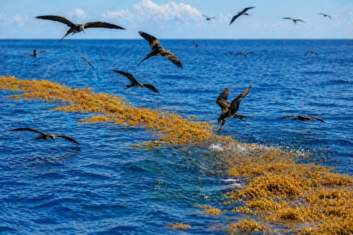 Frigate birds circling and diving over a sargassum weed line in clear blue water with baitfish activity visible