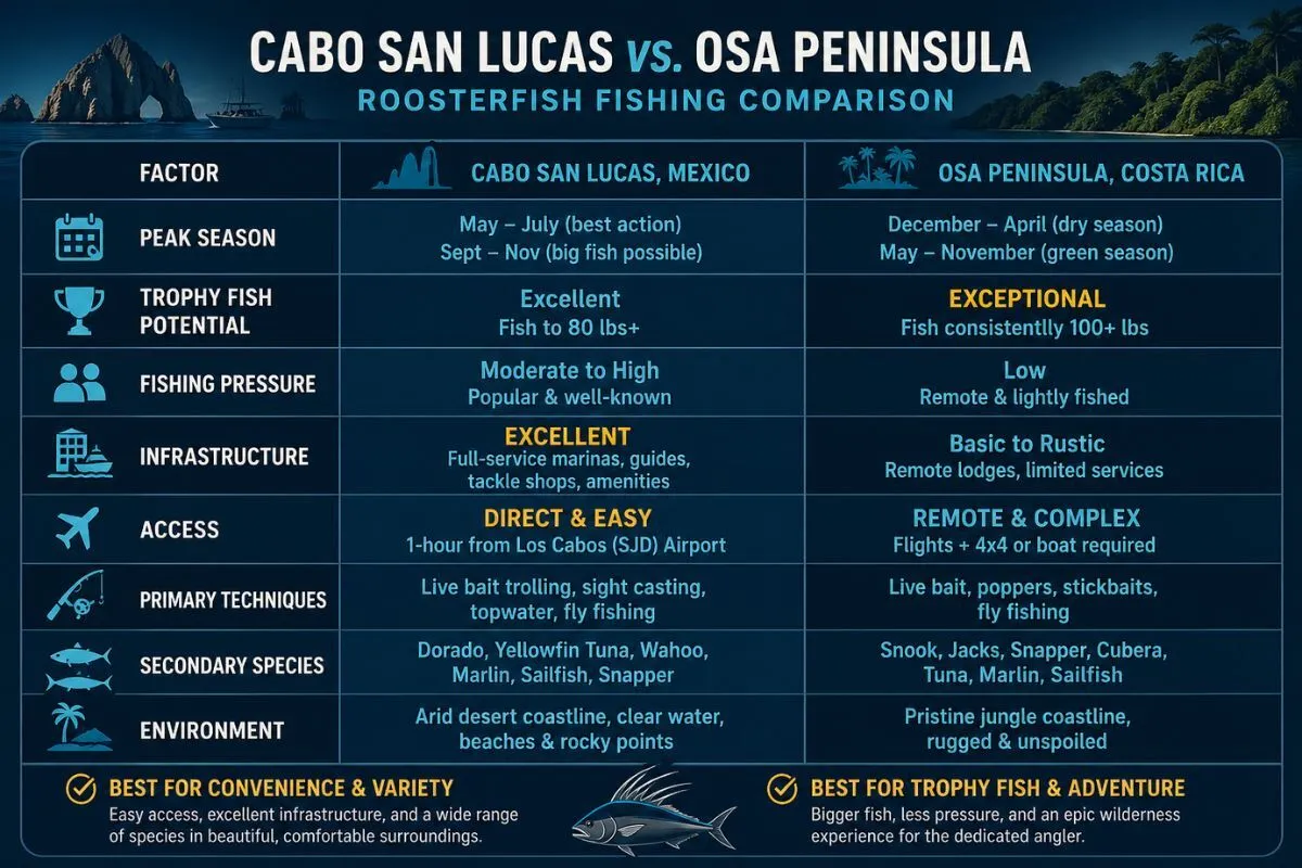 Side-by-side table comparing Cabo San Lucas vs Osa Peninsula for roosterfish fishing, seasons, access, and trophy potential