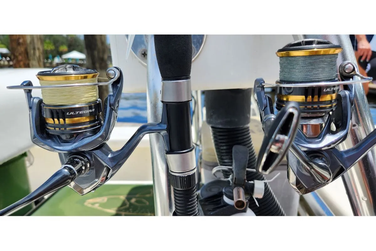 Spinning rod and reel setup with braided line and fluorocarbon leader for trophy spotted seatrout fishing