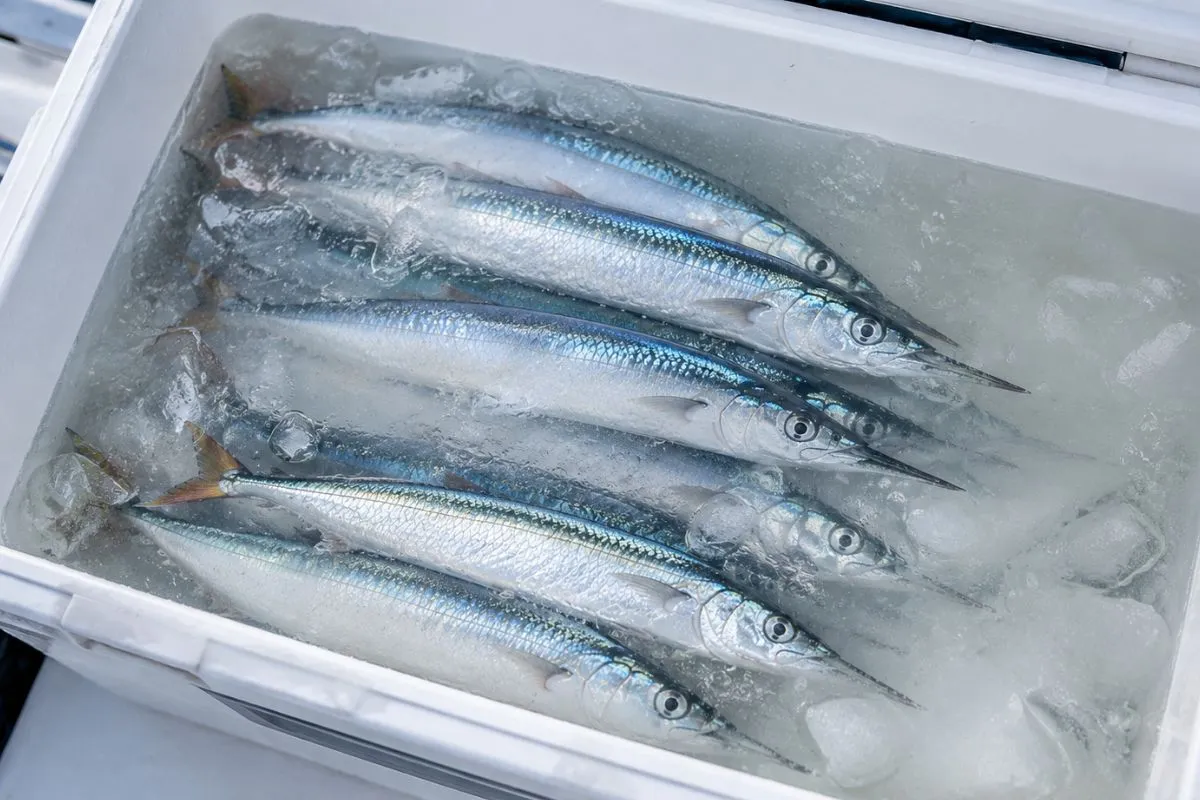 Ballyhoo soaking in salt brine solution inside a cooler before offshore rigging